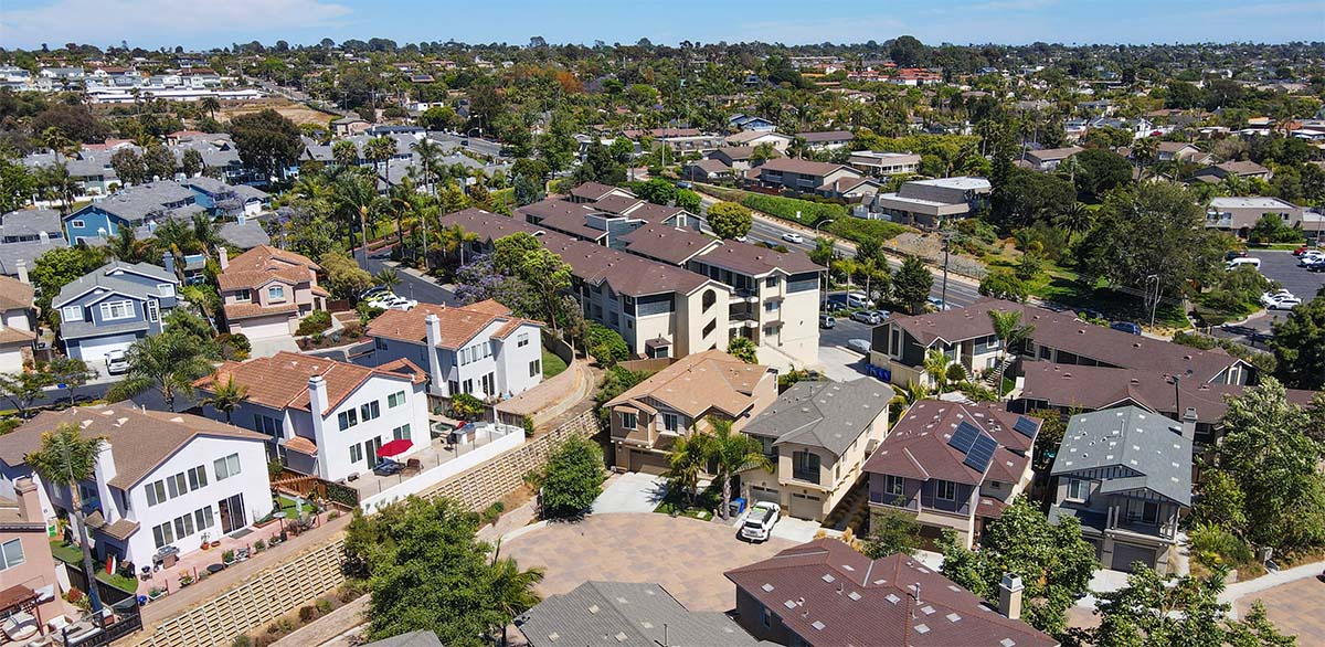 Aerial view of suburb area with residential villa in San Diego